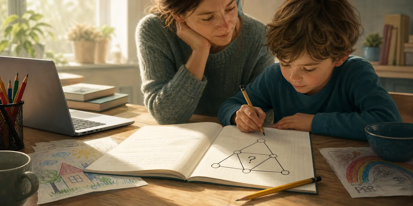 Editorial illustration of a home-schooling table with a child's math notebook, triangle puzzle, pencil, and laptop